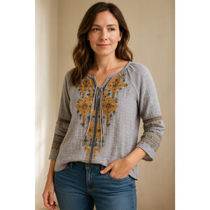 Johnny Was Chambray Floral Embroidered Top Bell Sleeve Boho Size Large Women's